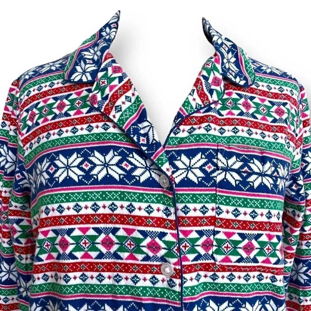Lands End Womens Nightgown XS 2 4 Cotton Flannel Fair Isle Print Nightshirt PJs